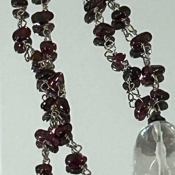 Estate Silver Garnet Clear Rock Crystal Pendant Choker Necklace - Picture 4 of 6